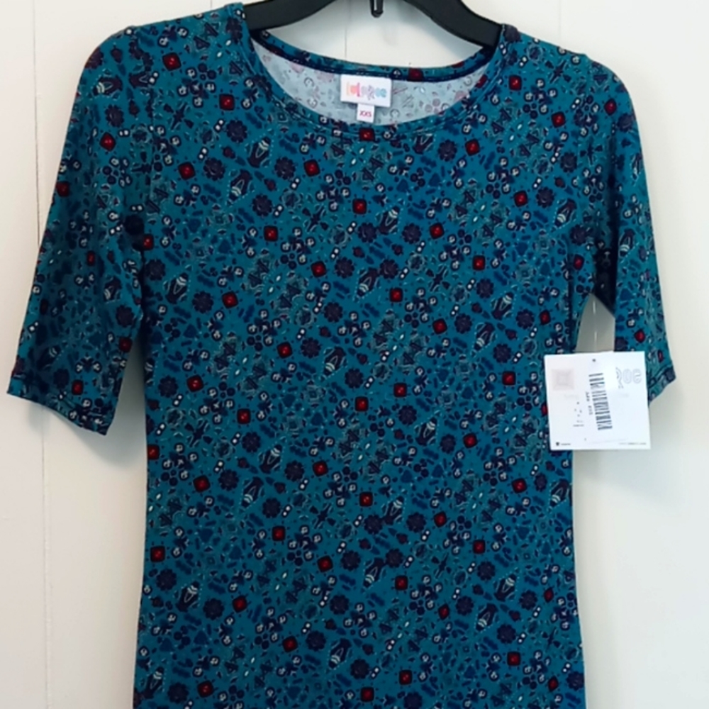 LuLaRoe Julia dress Turquoise and burgundy handkerchief print XXS NWT